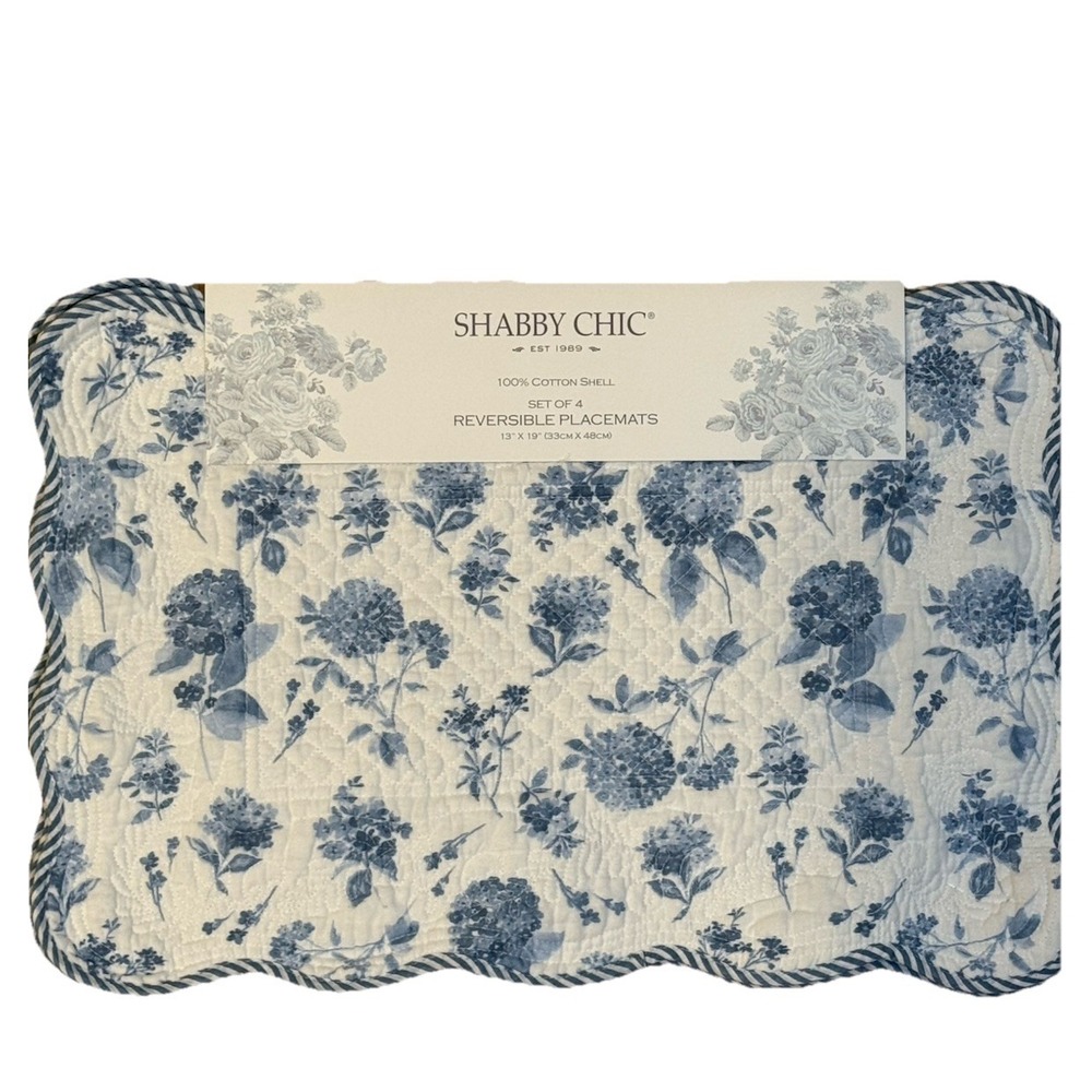 NEW Shabby Chic Set Of 4 Scalloped Edged Blue White Hydrangea‎ Quilted Placemats